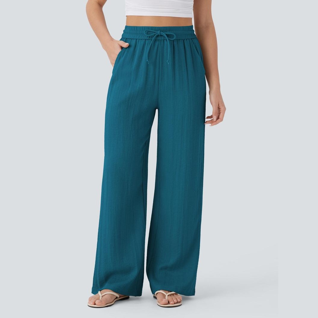 Casual Wide Baggy Linen Feel Pants With Drawstring For Women