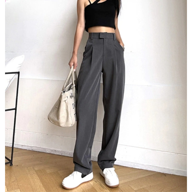 Women's Casual Loose Straight High Waist Long Pants With Pockets-Legletic