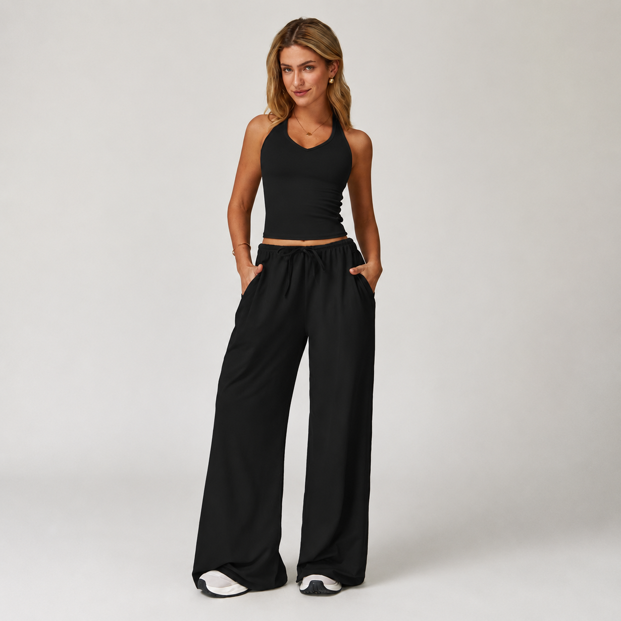 Sleeveless Crop Tank Top And Wide Pants For Women