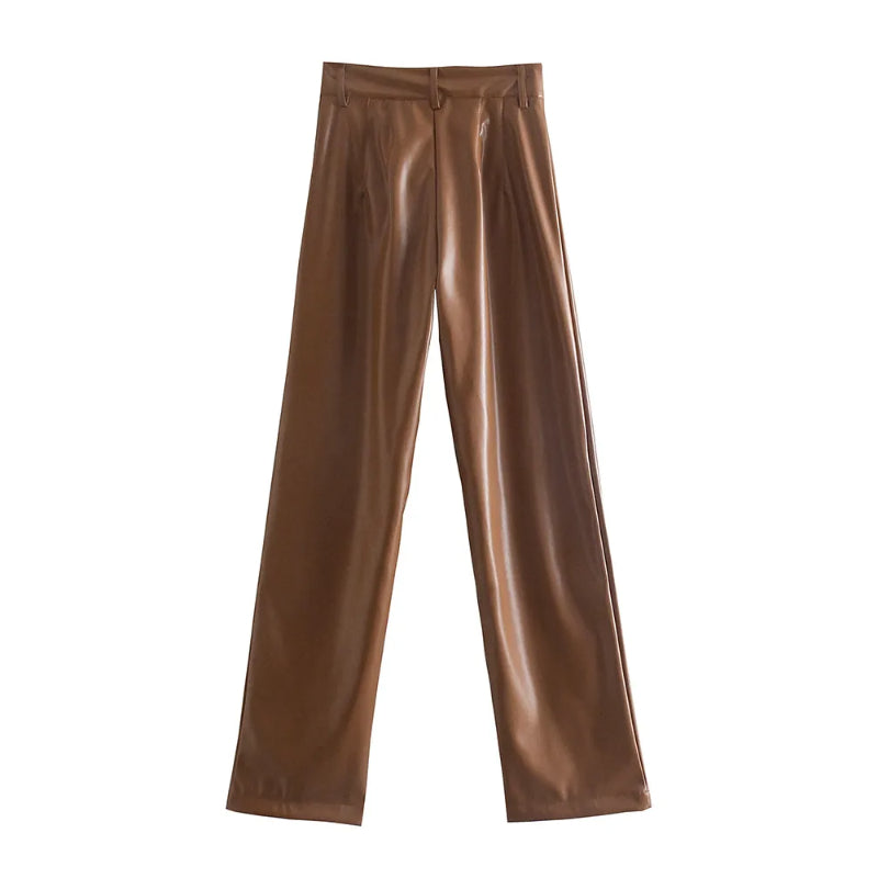 Vintage High Waist Faux Leather Straight Pants-Legletic