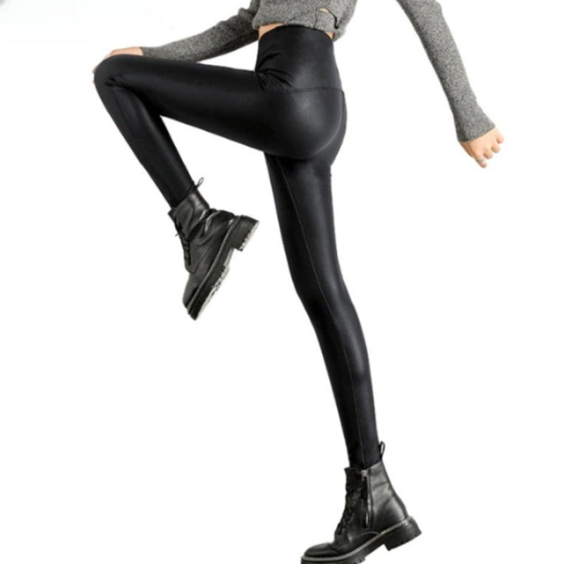 Black Fleece Matte Leather Leggings For Women-Legletic