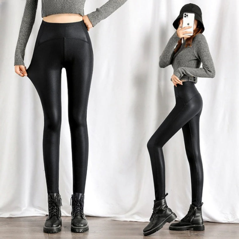 Black Fleece Matte Leather Leggings For Women-Legletic