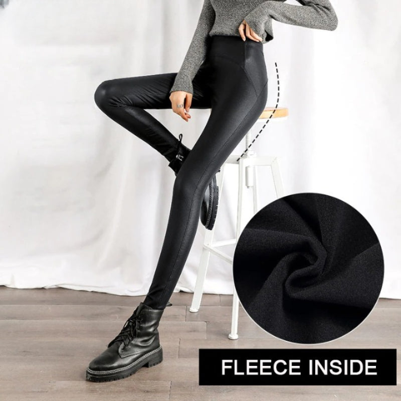 Black Fleece Matte Leather Leggings For Women-Legletic