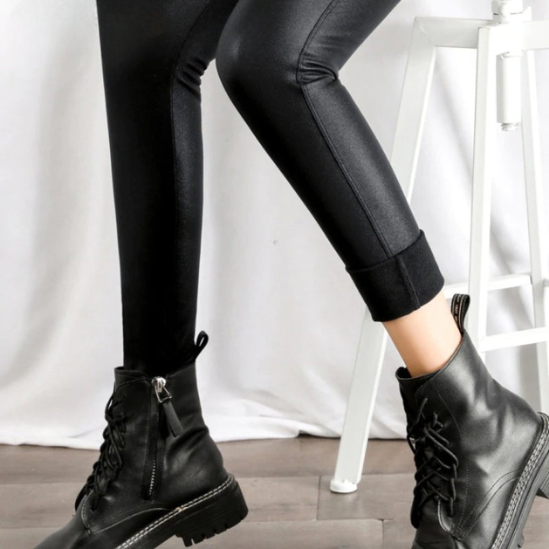 Black Fleece Matte Leather Leggings For Women-Legletic
