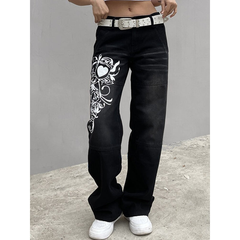 Printed Cargo Wide Leg Jeans-Legletic