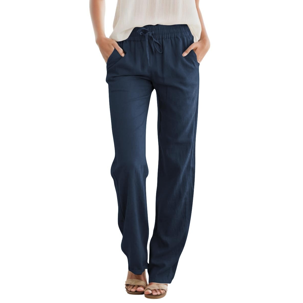 Casual Linen Drawstring Loose Pants With Pockets