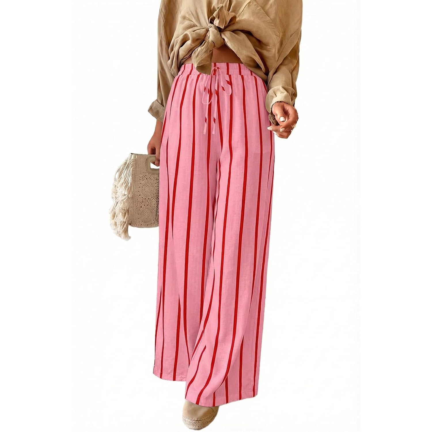 Casual Striped Wide Drawstring Pants With Pockets