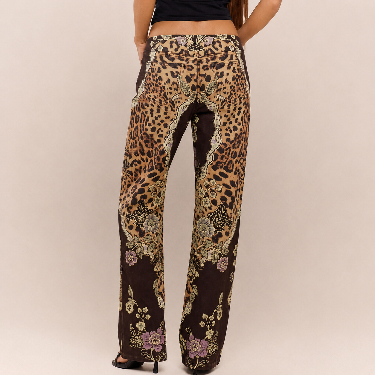 Peacock Print Lace Up Straight Leg Printed Jeans For Women