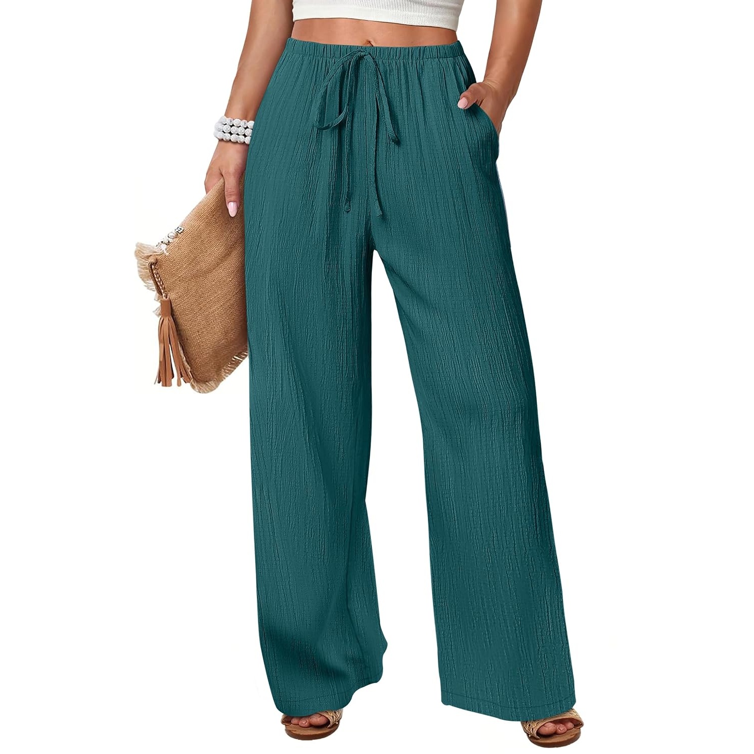 Casual Flowy Drawstring Palazzo Pants With Pockets
