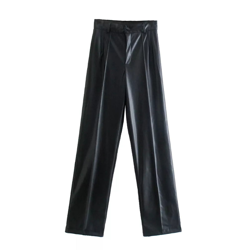 Vintage High Waist Faux Leather Straight Pants-Legletic