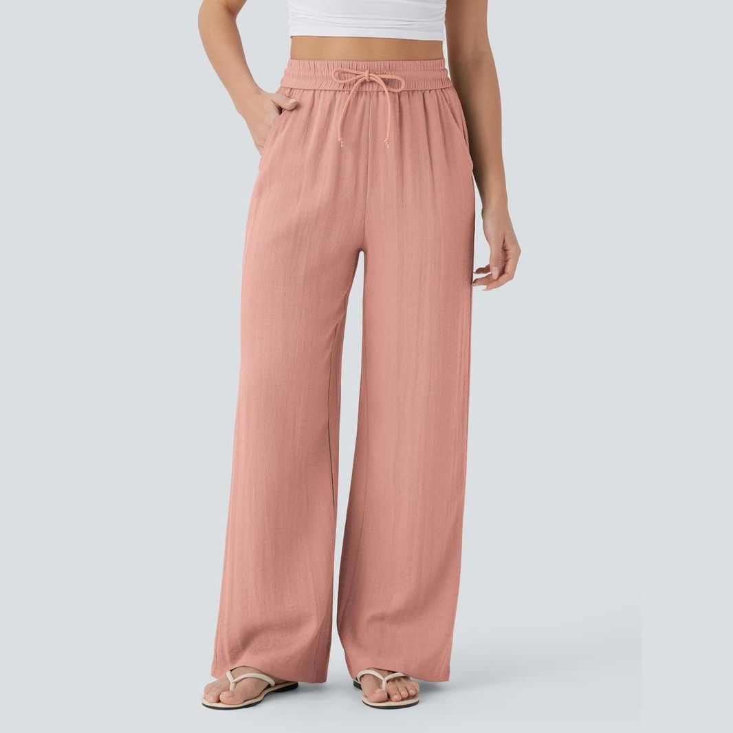 Casual Wide Baggy Linen Feel Pants With Drawstring For Women