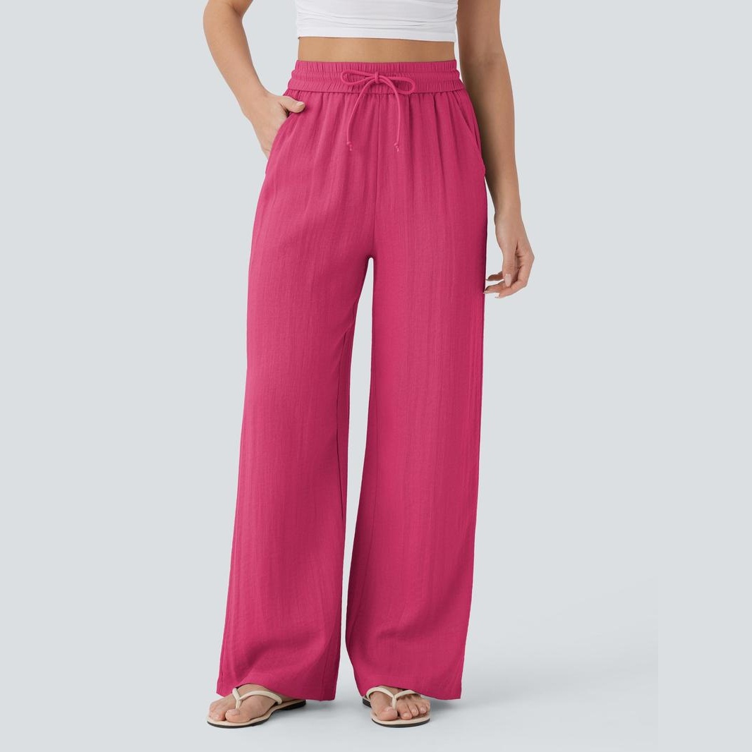 Casual Wide Baggy Linen Feel Pants With Drawstring For Women