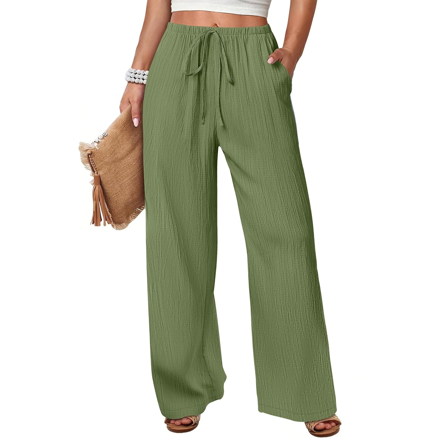 Casual Flowy Drawstring Palazzo Pants With Pockets