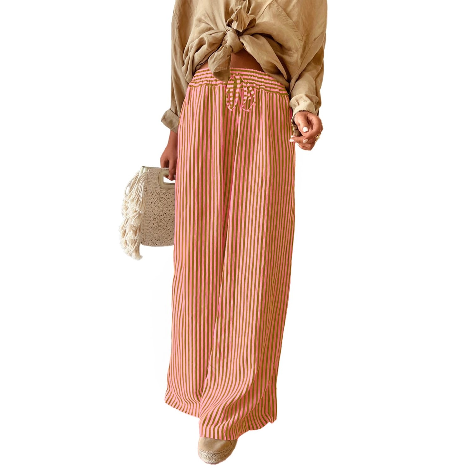 Casual Striped Wide Drawstring Pants With Pockets