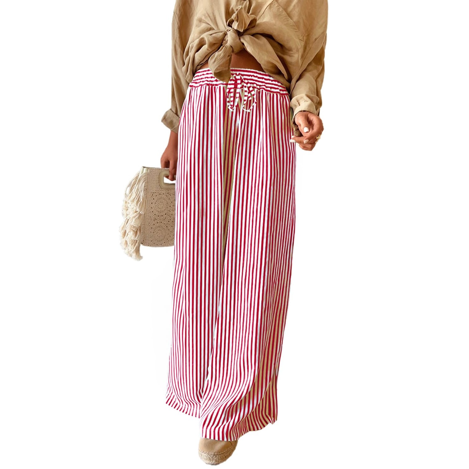Casual Striped Wide Drawstring Pants With Pockets