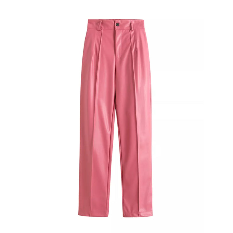 Vintage High Waist Faux Leather Straight Pants-Legletic