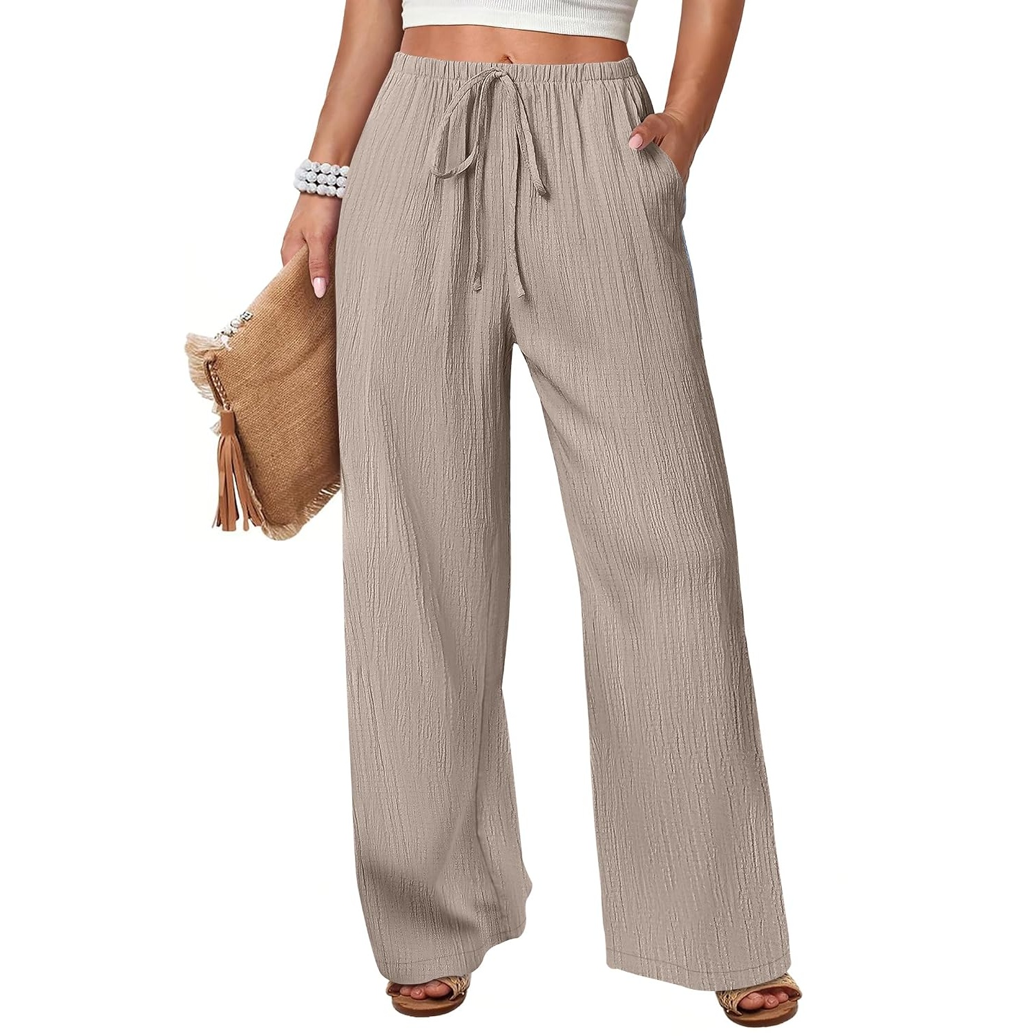 Casual Flowy Drawstring Palazzo Pants With Pockets