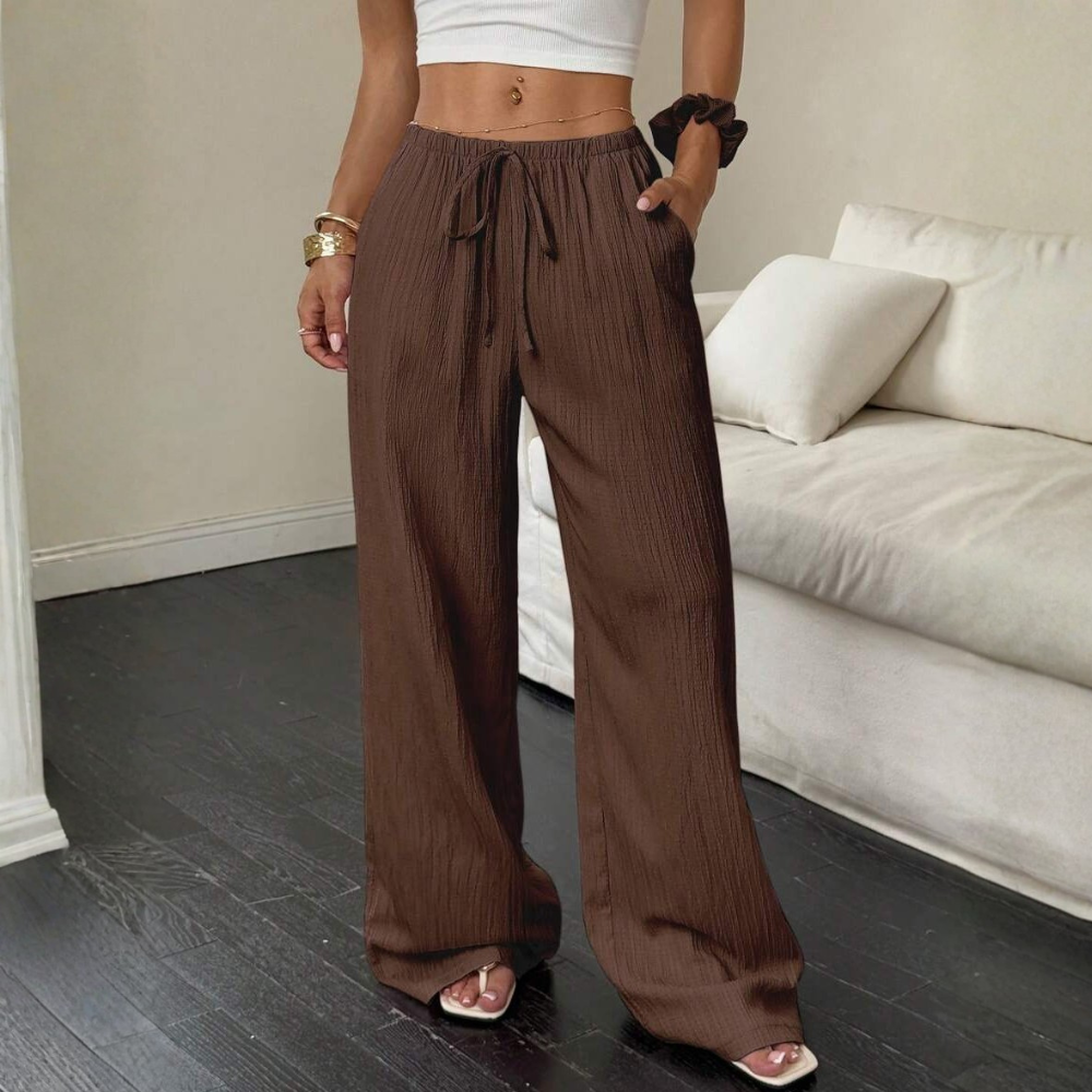 Solid Pocket Wide Loose Casual Trousers For Women