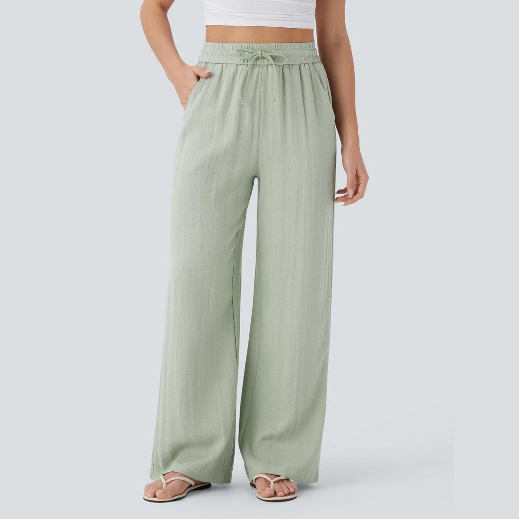 Casual Wide Baggy Linen Feel Pants With Drawstring For Women