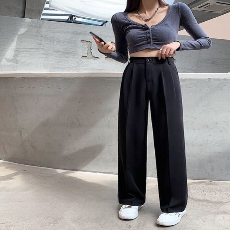 Casual High Waist Loose Fit Wide Leg Pants For Female-Legletic