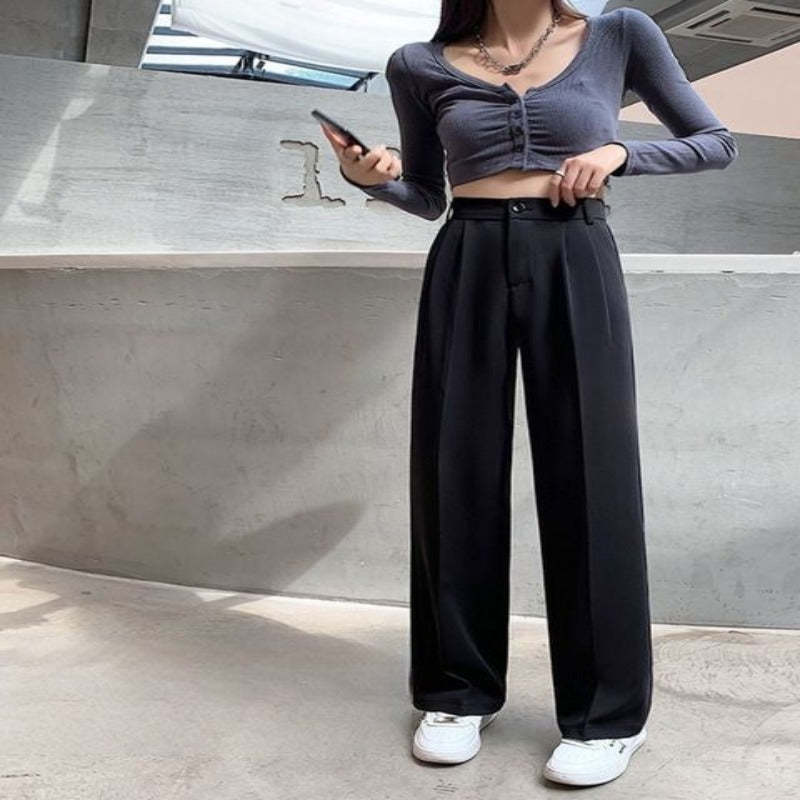 Casual High Waist Loose Fit Wide Leg Pants For Female-Legletic