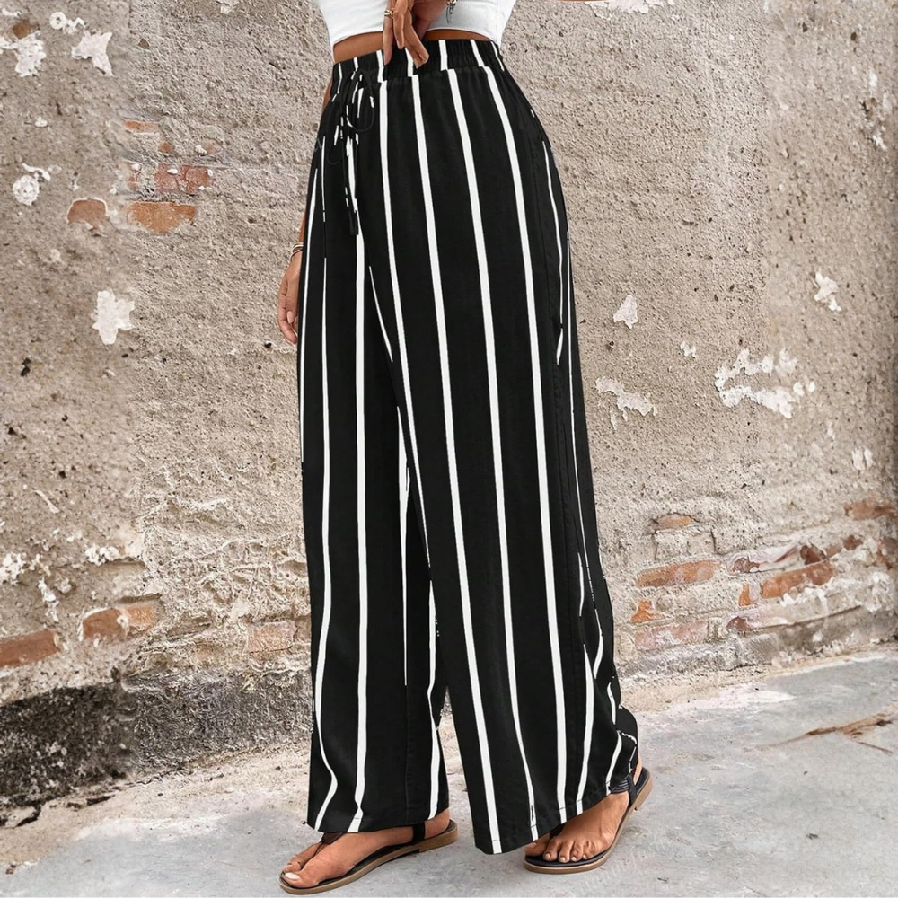 Casual Striped Wide Drawstring Pants With Pockets