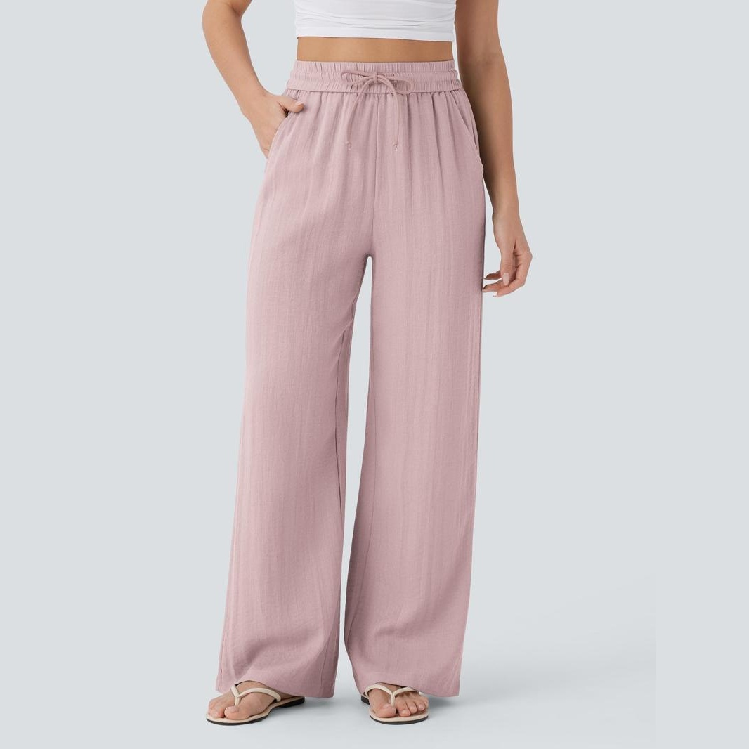 Casual Wide Baggy Linen Feel Pants With Drawstring For Women