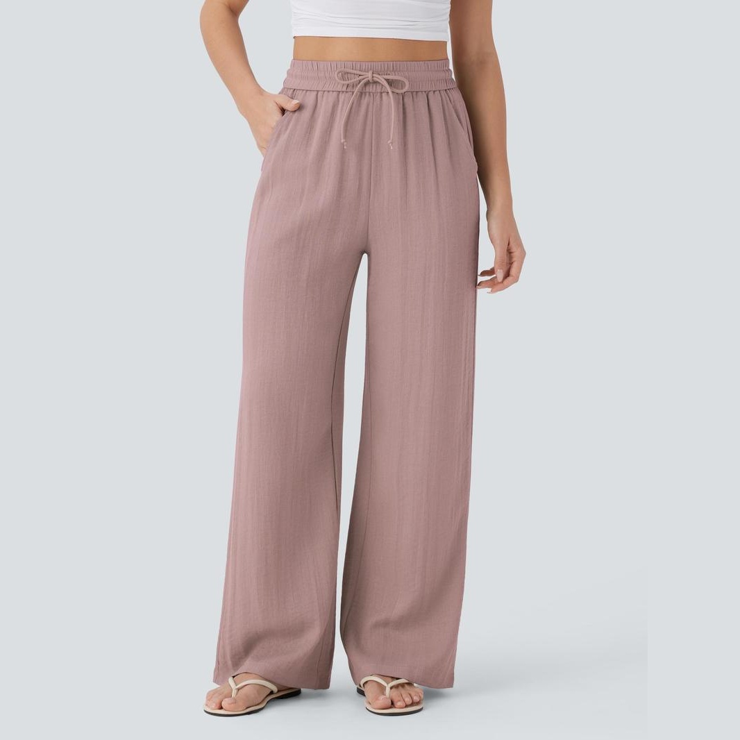 Casual Wide Baggy Linen Feel Pants With Drawstring For Women