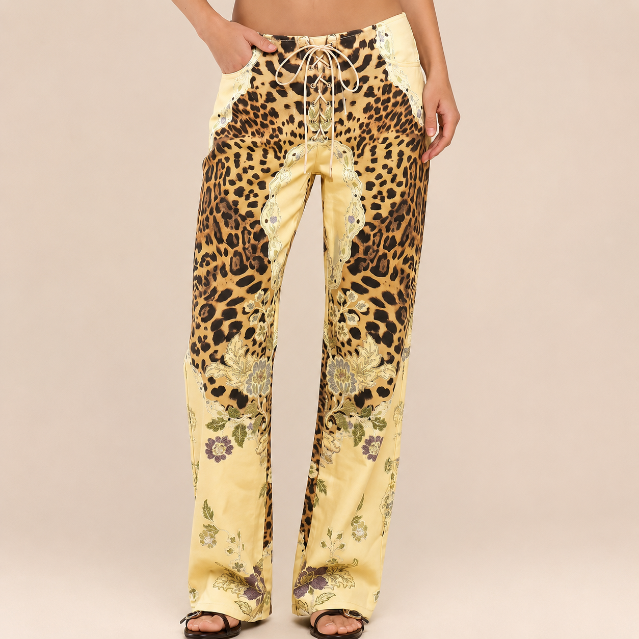 Peacock Print Lace Up Straight Leg Printed Jeans For Women