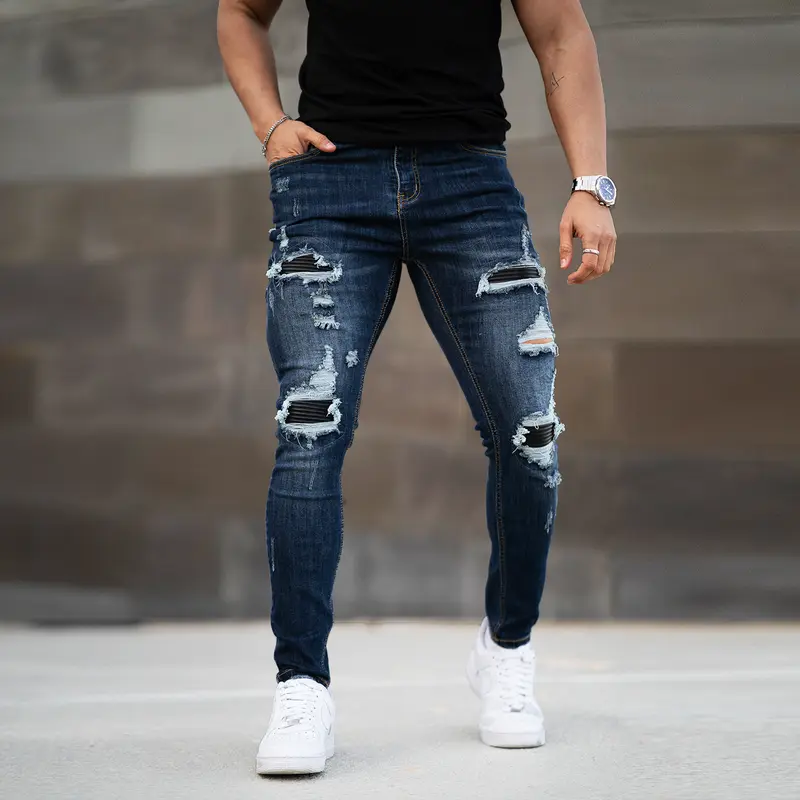 Mens Ripped Stretch Jeans Slim Fit Distressed Skinny Denim Pants Fashion Comfort Tapered Leg