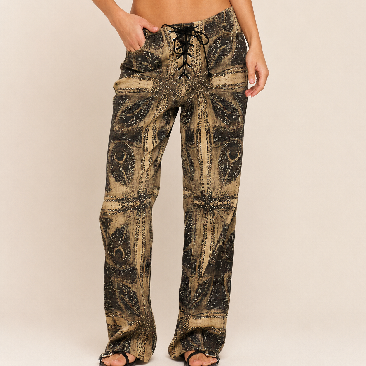 Peacock Print Lace Up Straight Leg Printed Jeans For Women
