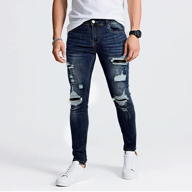 Mens Ripped Stretch Jeans Slim Fit Distressed Skinny Denim Pants Fashion Comfort Tapered Leg