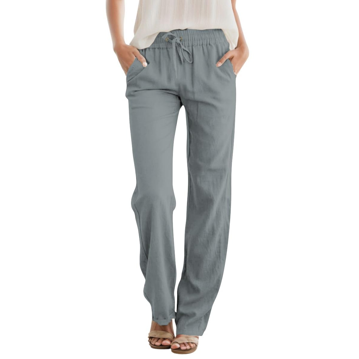 Casual Linen Drawstring Loose Pants With Pockets