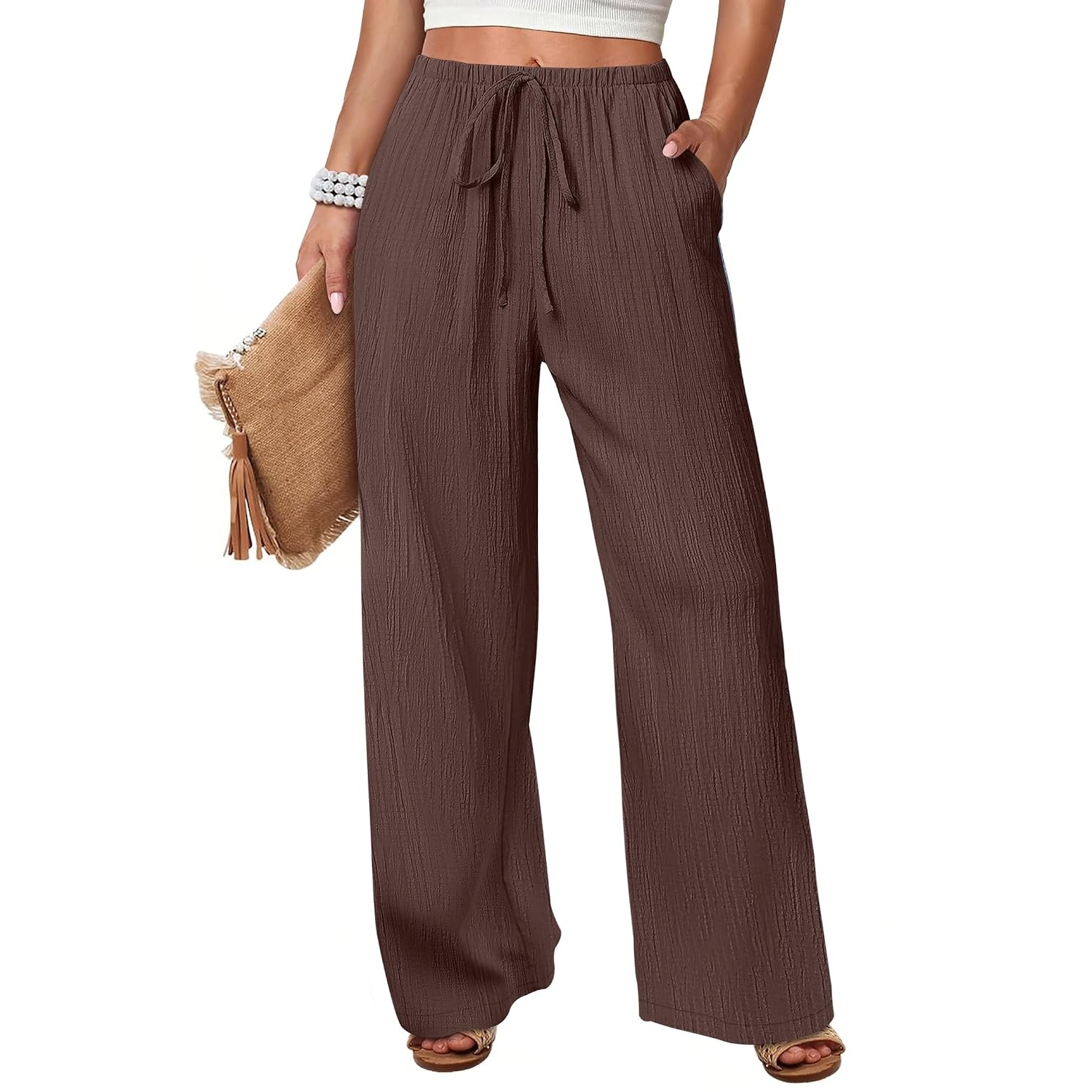 Casual Flowy Drawstring Palazzo Pants With Pockets