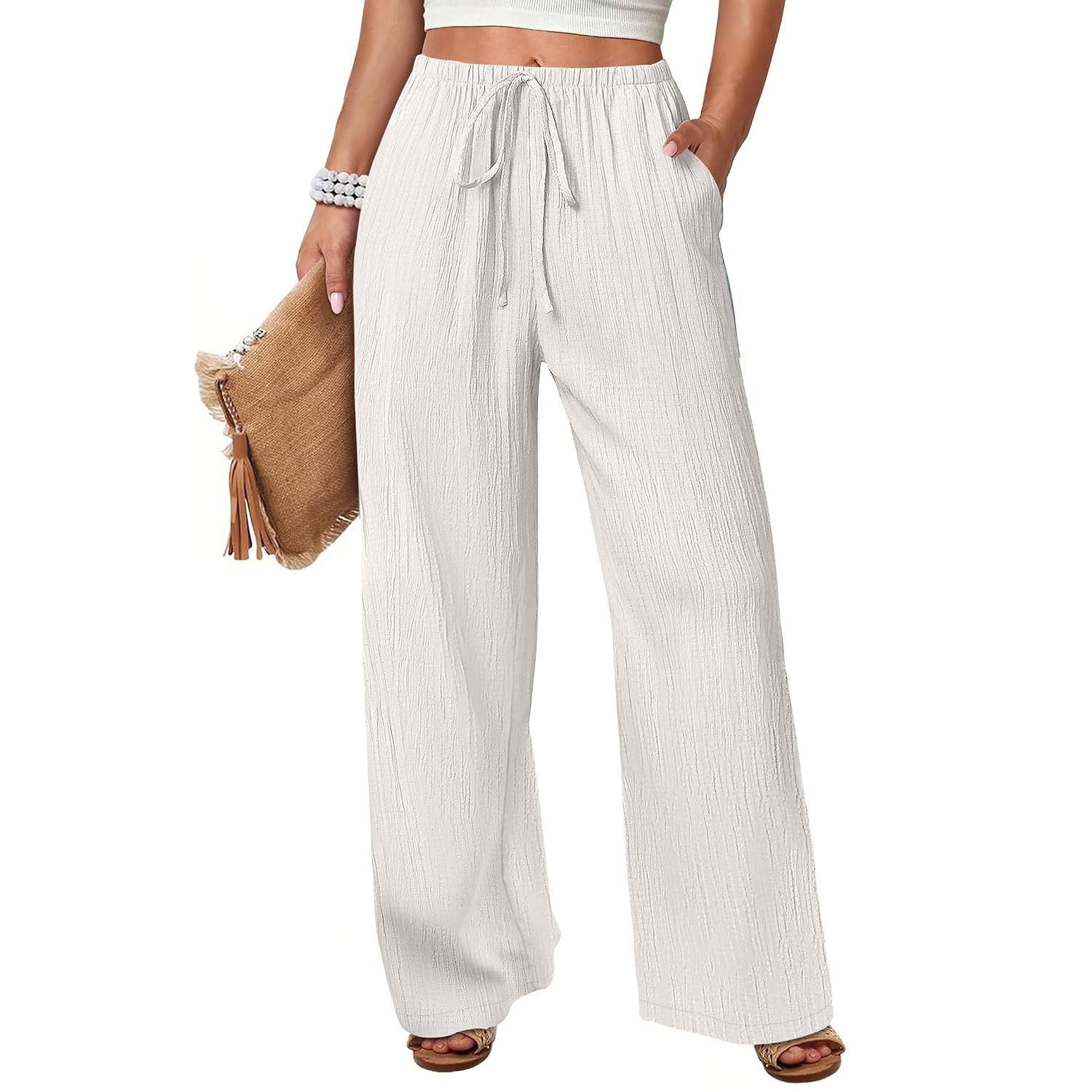 Casual Flowy Drawstring Palazzo Pants With Pockets