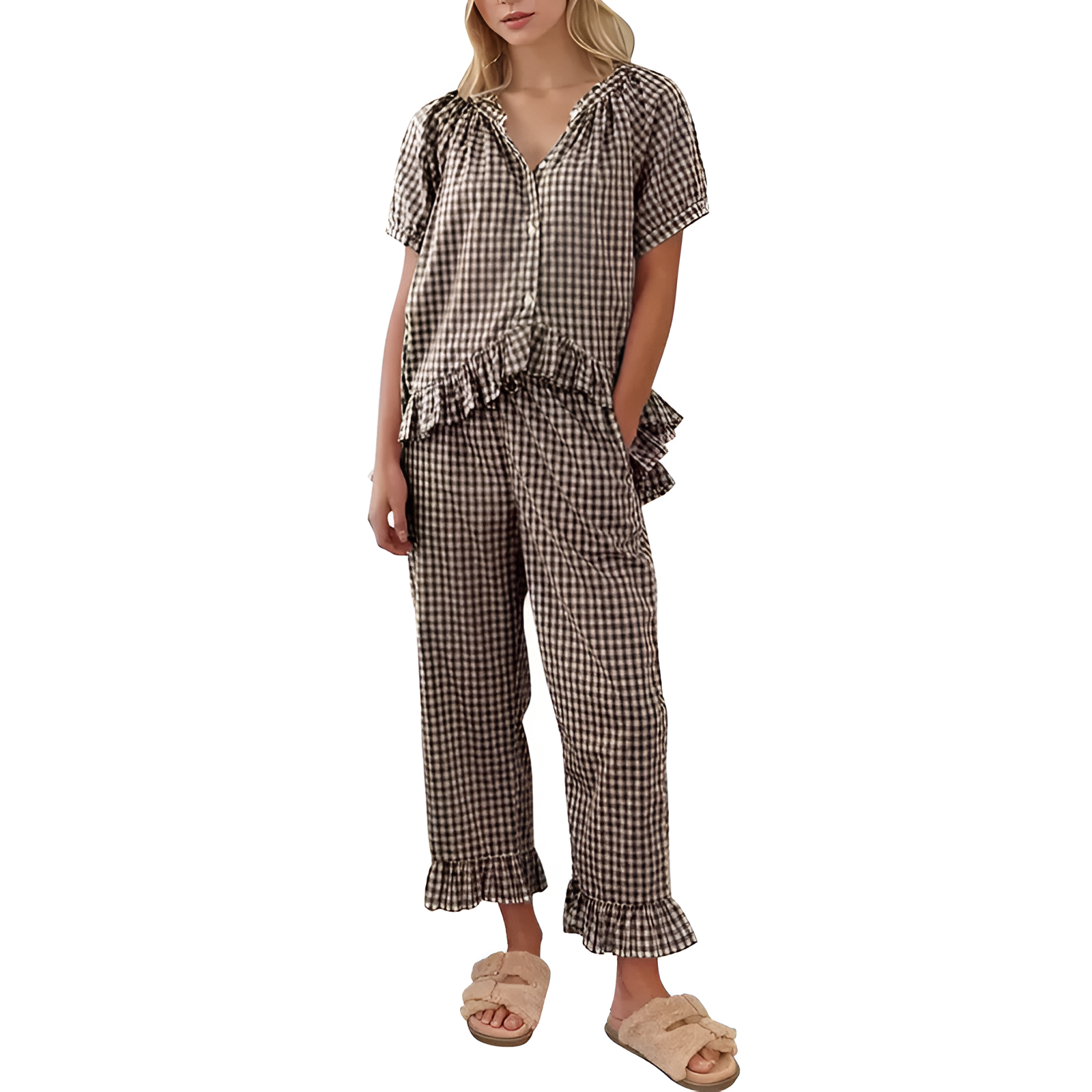 Gingham Pajamas Set 2 Piece for Women Plaid Sets Pjs Vintage Y2K 100% Cotton Clothes Button Down Babydoll Top with Puff Sleeves & Matching Ruffle Pants Cute Loungewear Loungewear Pjs Sleepwear Nightwear Homewear Comfort Outfit