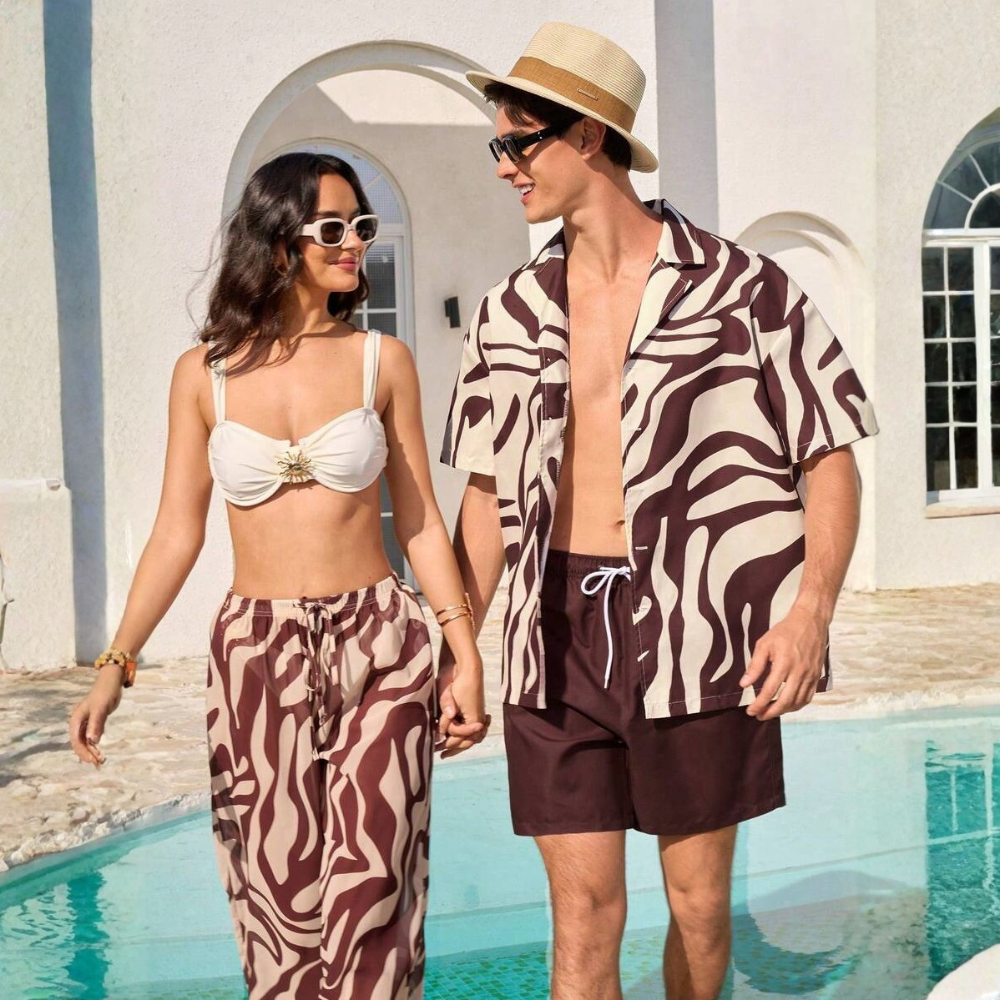Tropical Plant Print Button-Down Short Sleeve Shirt And Drawstring Waist Pocket Shorts Beach Outfit
