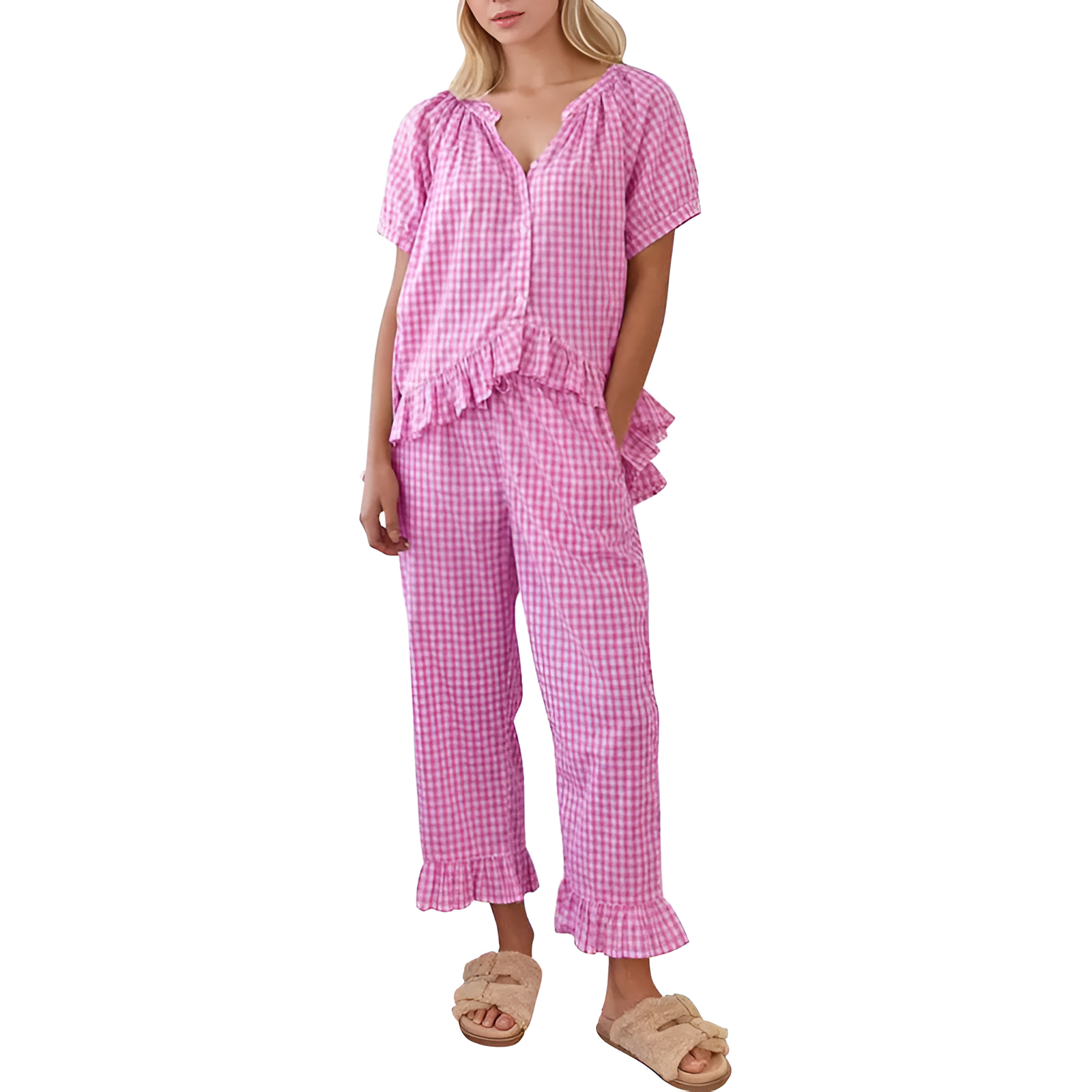 Gingham Pajamas Set 2 Piece for Women Plaid Sets Pjs Vintage Y2K 100% Cotton Clothes Button Down Babydoll Top with Puff Sleeves & Matching Ruffle Pants Cute Loungewear Loungewear Pjs Sleepwear Nightwear Homewear Comfort Outfit
