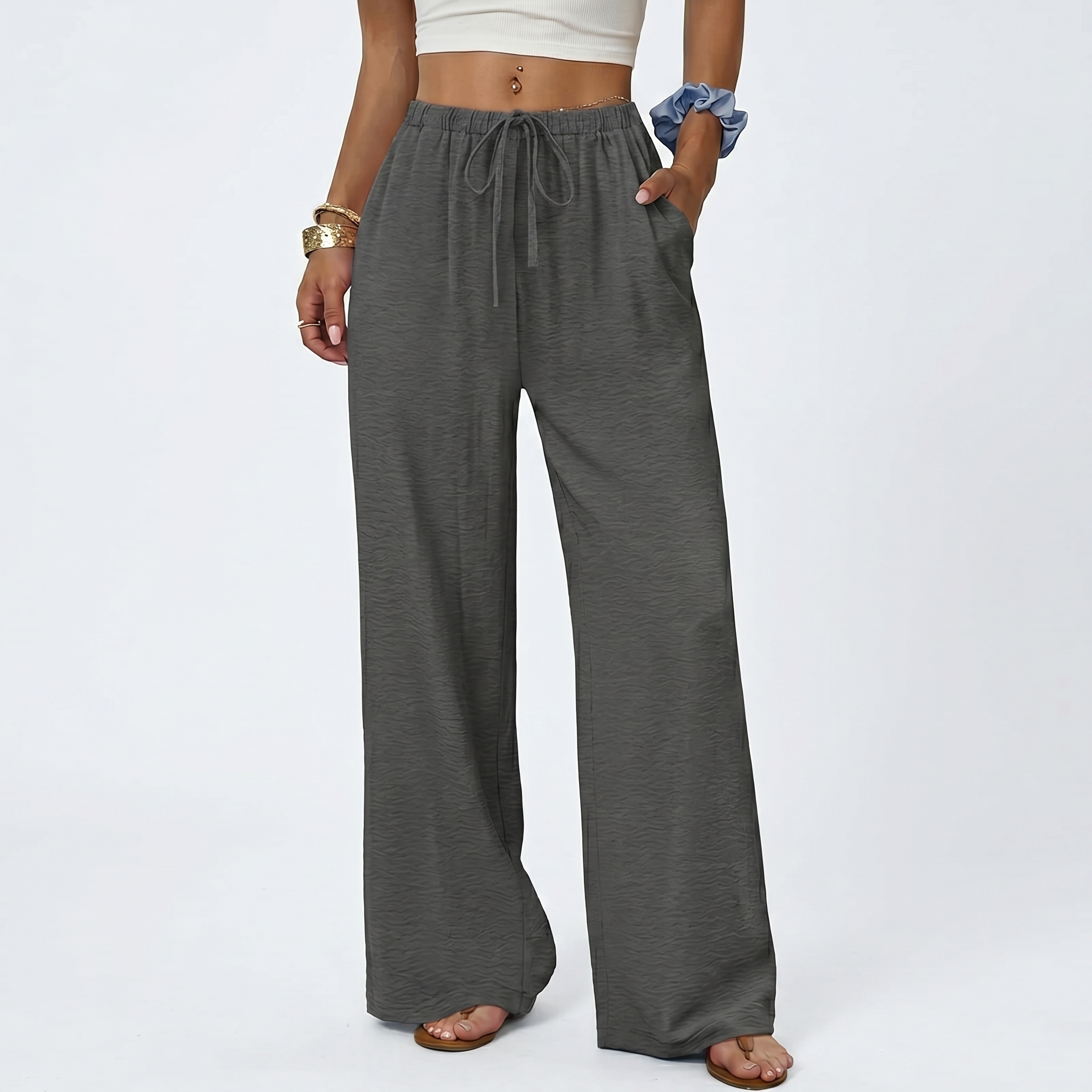 Summer Beach Wide Drawstring Flowy Palazzo Pants For Women