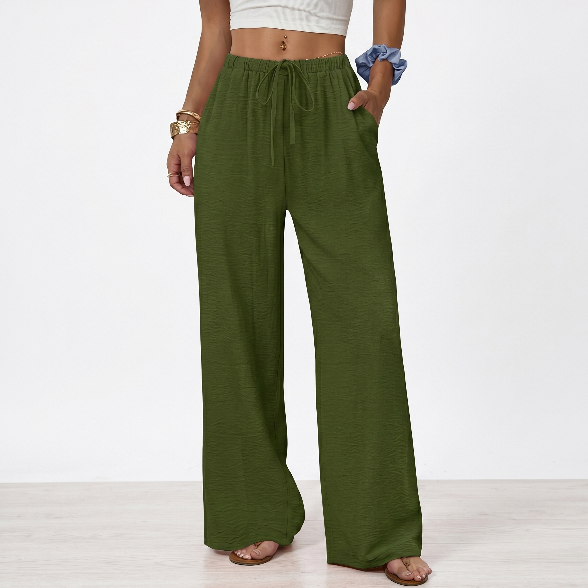 Summer Beach Wide Drawstring Flowy Palazzo Pants For Women
