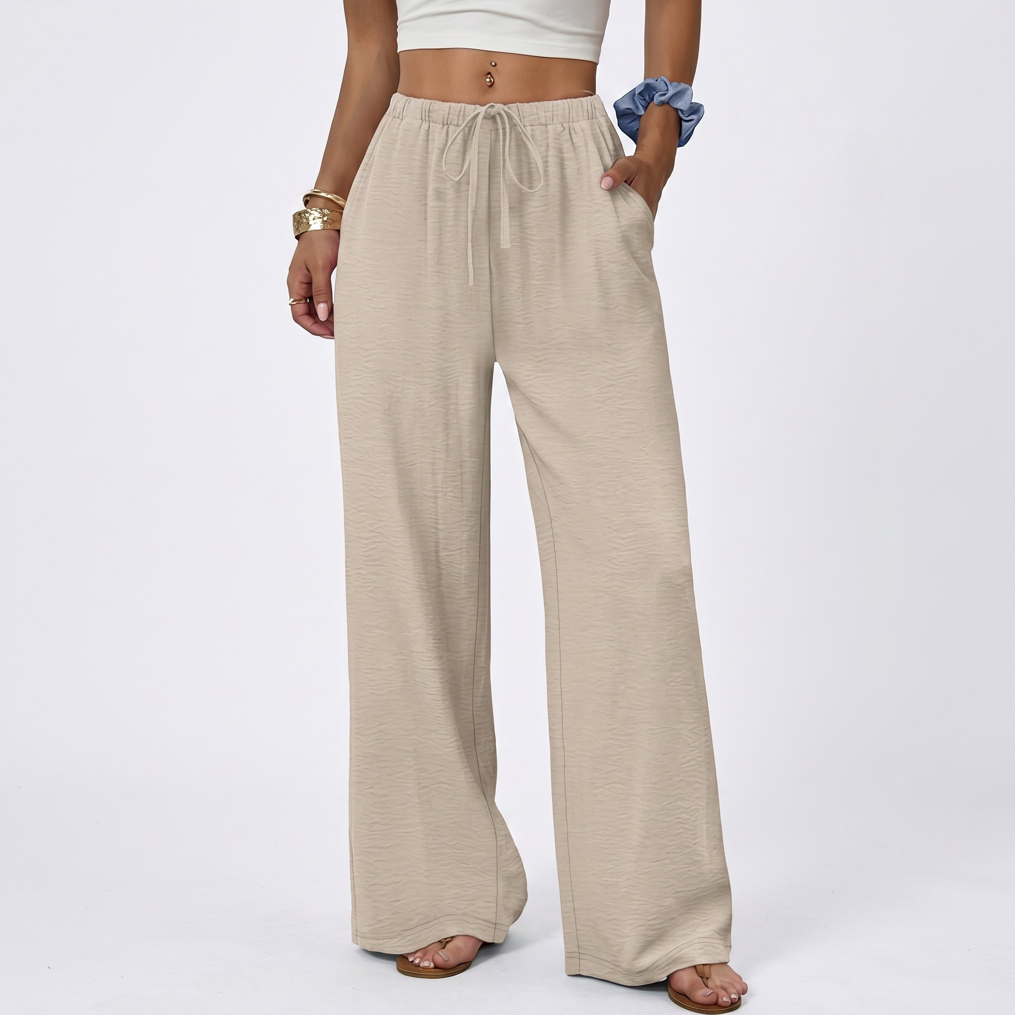 Summer Beach Wide Drawstring Flowy Palazzo Pants For Women