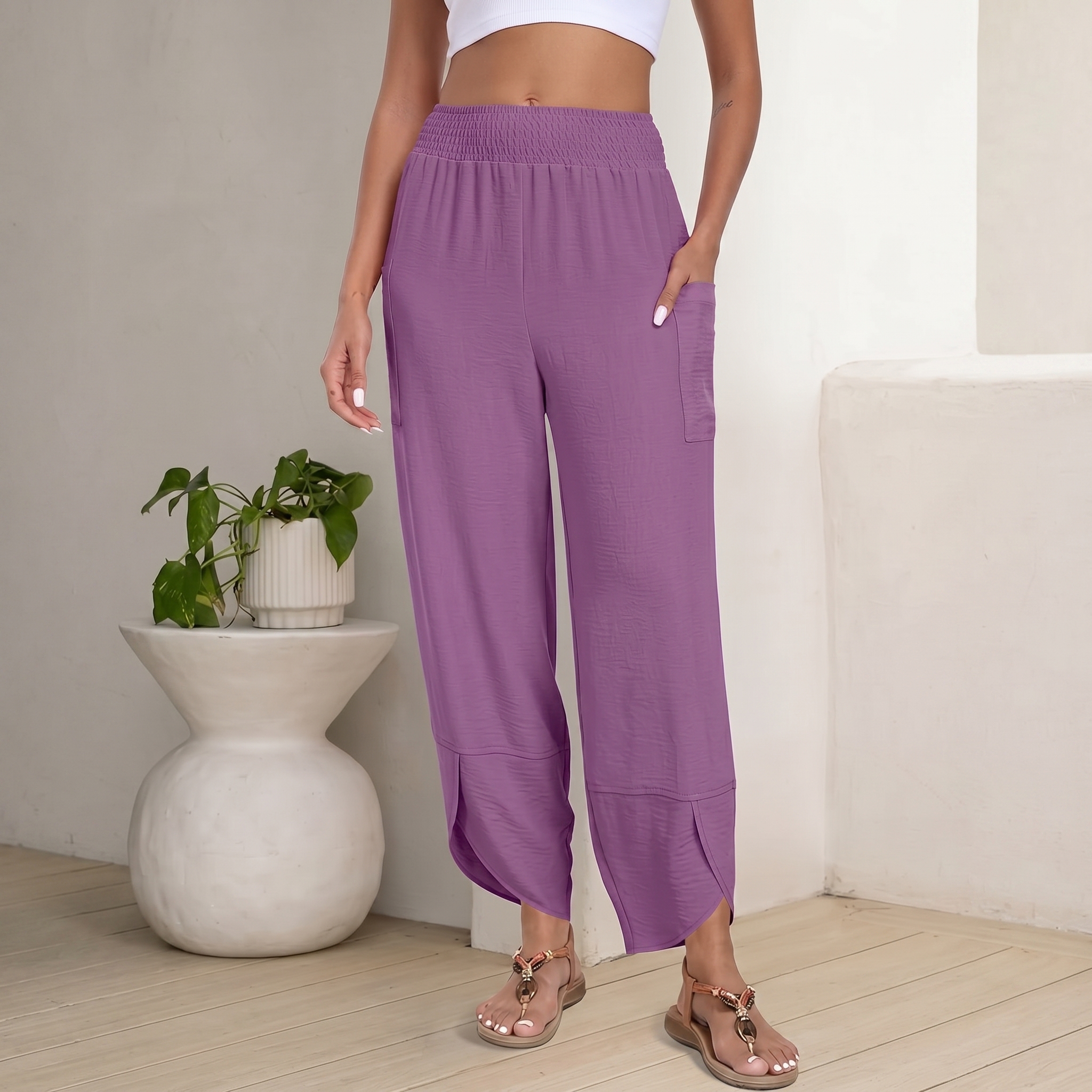 Casual High Rise Wide Palazzo Capri Pants For Women