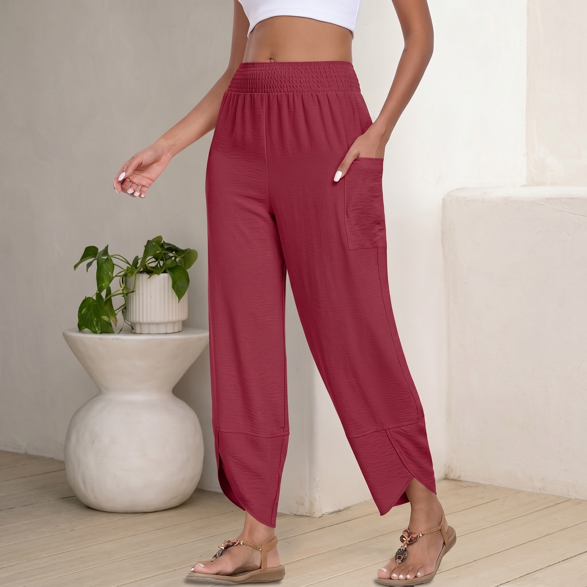 Casual High Rise Wide Palazzo Capri Pants For Women