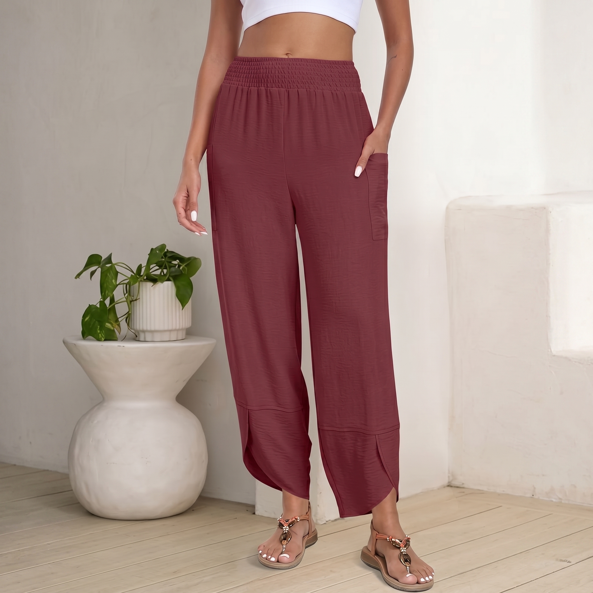 Casual High Rise Wide Palazzo Capri Pants For Women