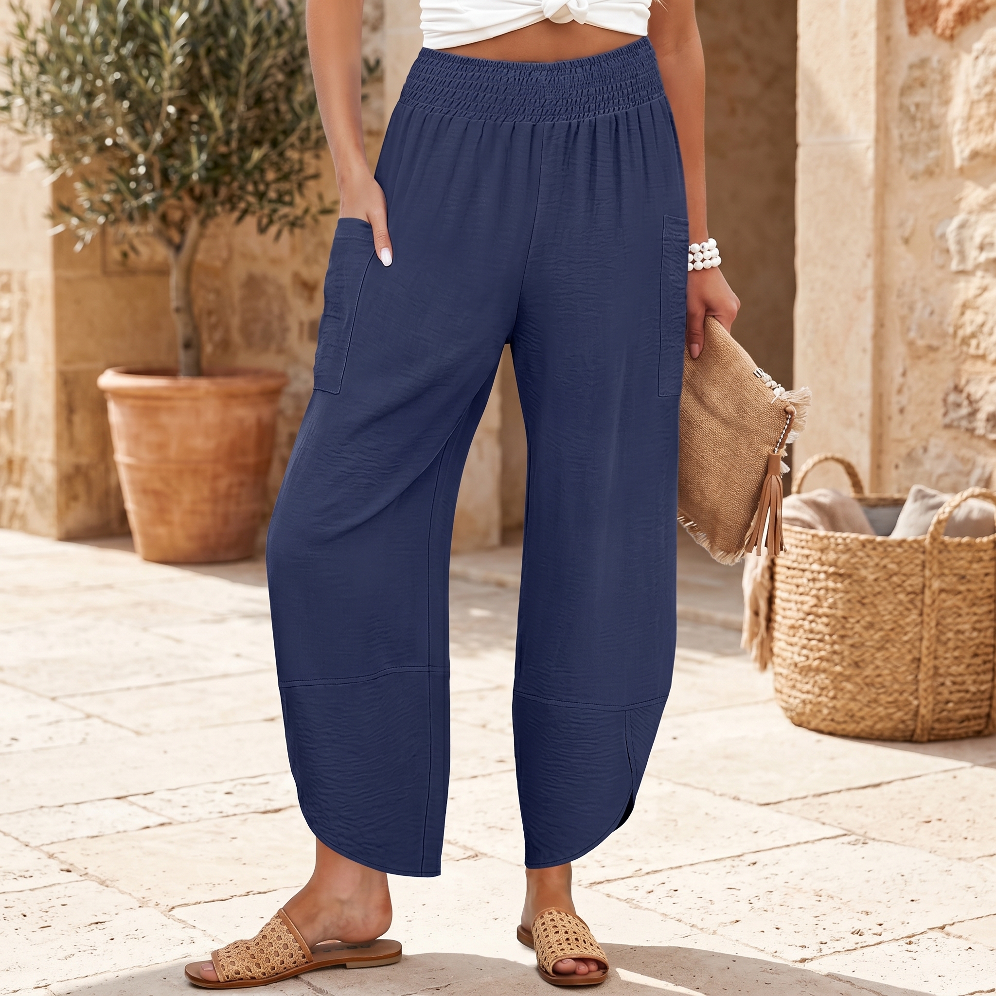 Casual High Rise Wide Palazzo Capri Pants For Women