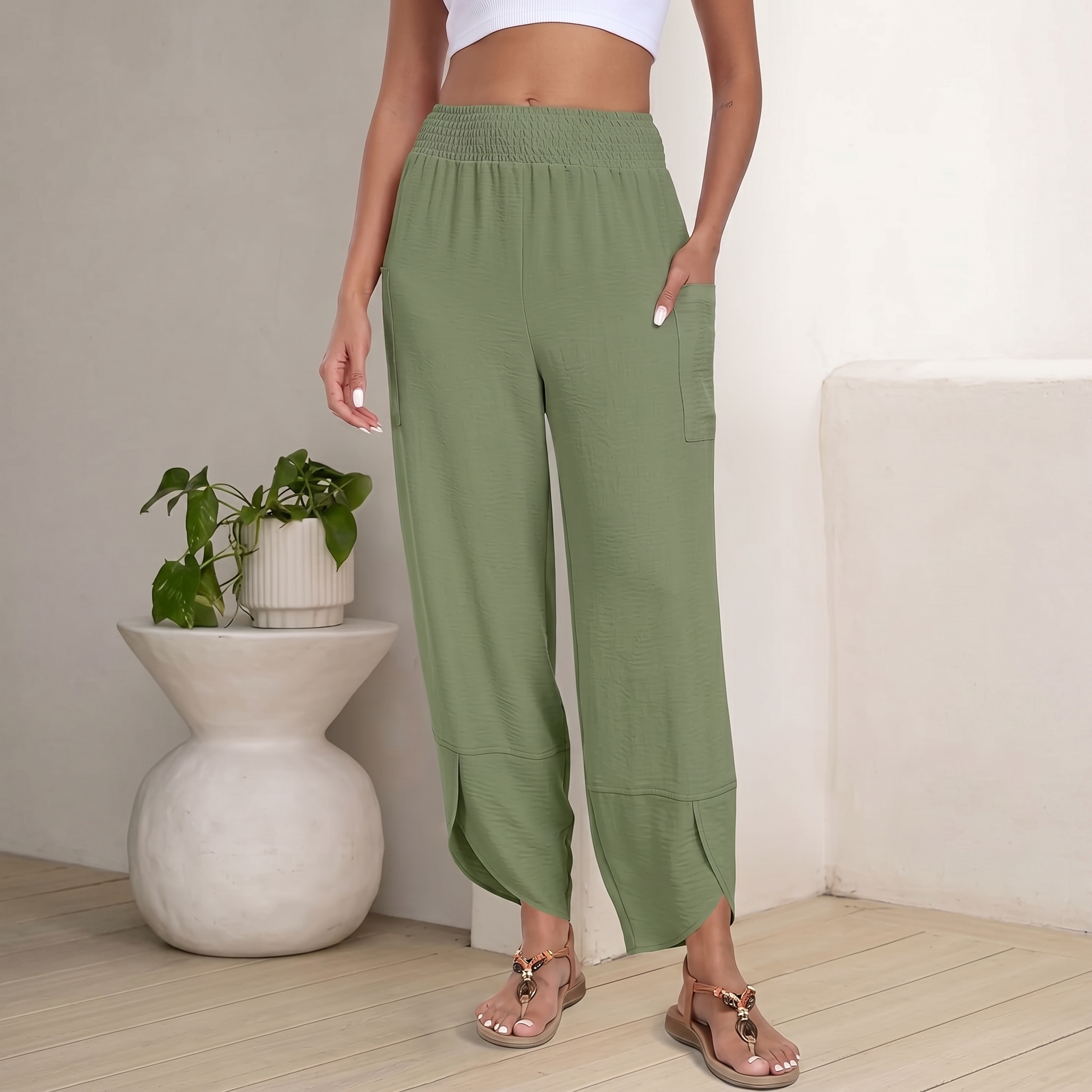 Casual High Rise Wide Palazzo Capri Pants For Women