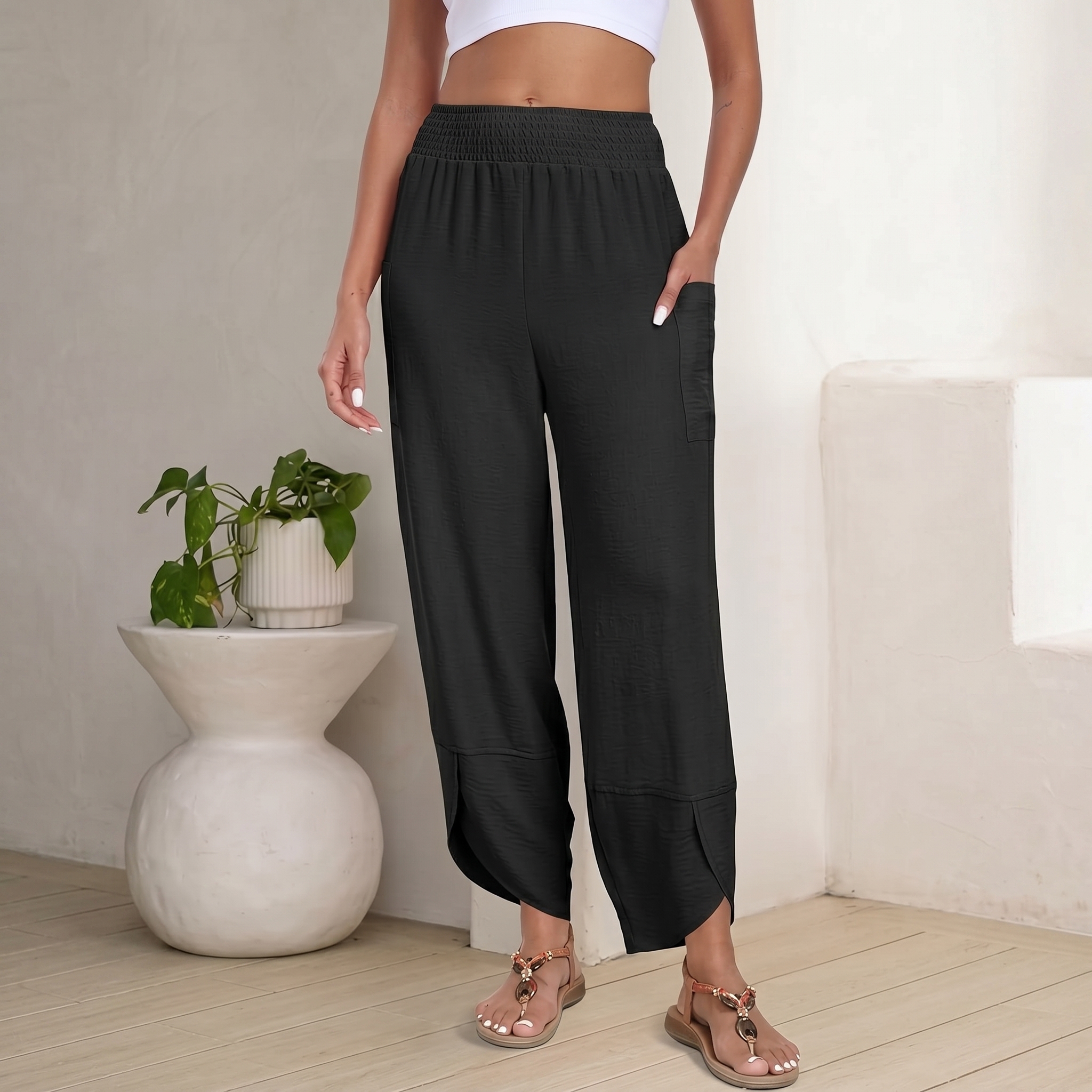 Casual High Rise Wide Palazzo Capri Pants For Women