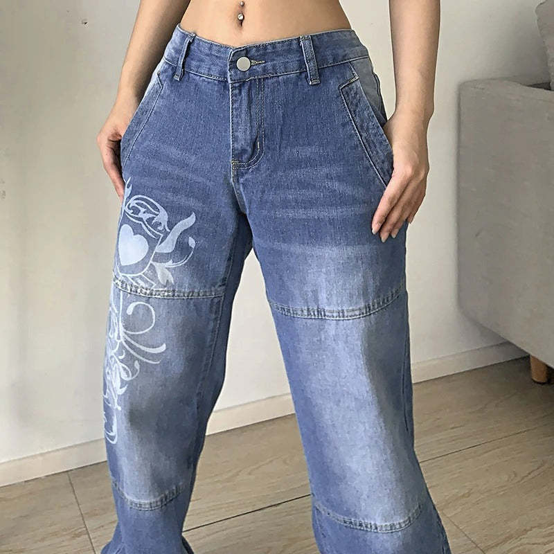 Printed Cargo Wide Leg Jeans-Legletic