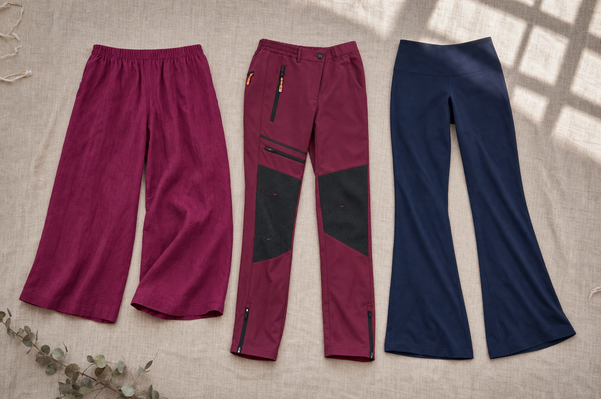 Flat lay of berry red cotton capris, burgundy insulated hiking pants with black knee panels, and navy bootcut yoga pants on a linen background
