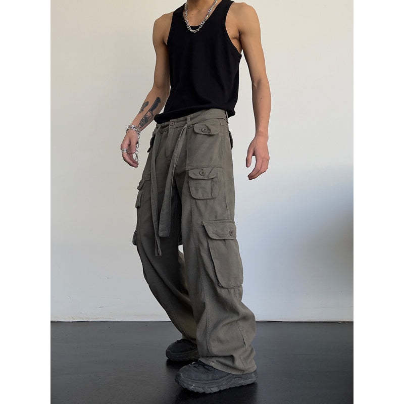 Men's Retro High Waist Large Pocket Loose Wide Leg Pants-Legletic